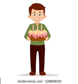 happy boy standing right and holding a Birthday  big sweet cake with candles vector illustration isolated on white background. 