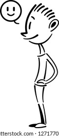 Happy boy standing, Side view character smiling, Arms akimbo, Easy drawing character standing happily, happy expression. Vector illustration. Simple line cartoon.