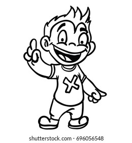 Happy Junge stehend, lächelnd und salzend auf schwarz-weißer Cartoon-Illustration einzeln einzeln