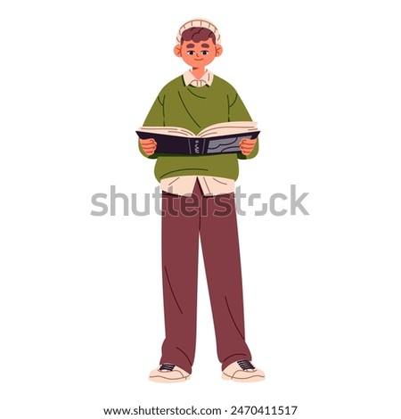 Happy boy stands and reading paper book. Kid in hat holds open textbook in hands. Student learning literature. Person studies, gets knowledges. Flat isolated vector illustration on white background