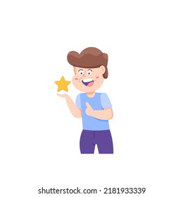 a happy boy and a star. give a rating, review, feedback. customer assessment. superstar, rated, best and most popular. funny, cute, and adorable characters. character design