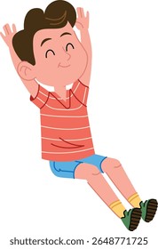 A happy boy in a striped shirt raises his arms in excitement, drawn in a playful cartoon style. The child with a joyful expression sits with legs extended. Cartoon vector illustration.