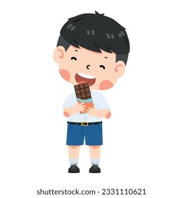 Happy boy student eating chocolate sweet