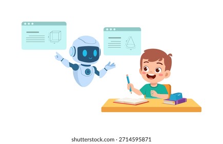 Estudiante de niño feliz que aprende con el asistente de la IA del robot que estudia geometría en pantallas flotantes