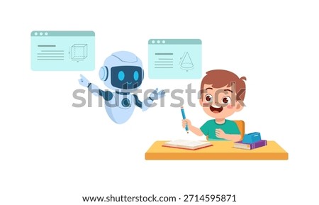 Happy boy student learning with robot AI assistant studying geometry on floating screens