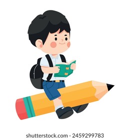 Happy boy student reading on Pencil back to school