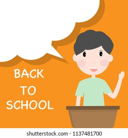 Happy boy student with speech bubble and back to school text.