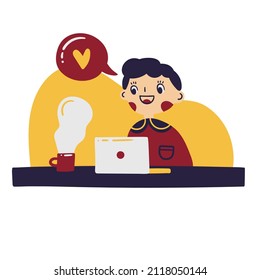 Happy boy studying online vector illustration. Hand drawn cartoon picture of a smiling kid at a laptop having a lesson from home for web, mobile, ads, banners, posters.