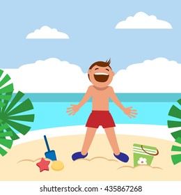 Happy boy sunbathing and playing on the beach. Child building sand castle. Vector illustration. Grouped for easy editing.