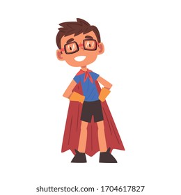 Happy Boy in Superhero Costume, Cute Kid Playing Dress Up Game Cartoon Vector Illustration