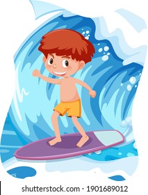 Happy boy surfing big wave illustration