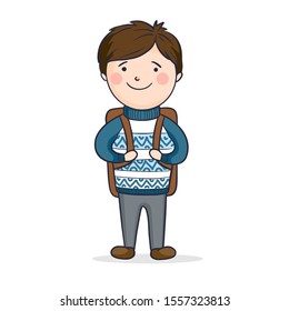 happy boy in a sweater with a backpack. back to school. cute vector illustration isolated background