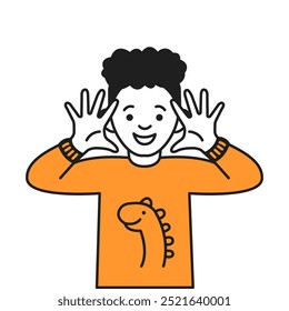 Happy boy in sweater with dinosaur scaring for fun color vector line icon. Kid showing hands with open palms to threaten character illustration
