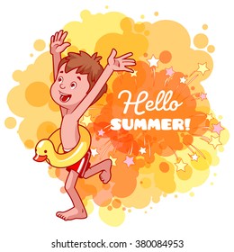 Happy boy with a swimming circle. Banner with inscription "Hello summer!". Vector cartoon illustration.