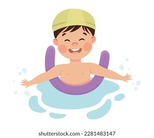 Happy Boy in Swimming Pool Wearing Cap Splashing in Water with Noodle Vector Illustration