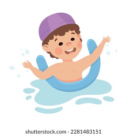 Happy Boy in Swimming Pool Wearing Cap Splashing in Water with Noodle Vector Illustration