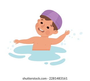 Happy Boy in Swimming Pool Wearing Cap Splashing in Water Vector Illustration