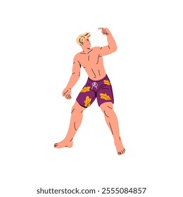 Happy boy in swimsuit looks back and pointing finger. Excited young man in beach shorts gesturing, shows to smth. Summer vacations, holiday. Flat isolated vector illustration on white background