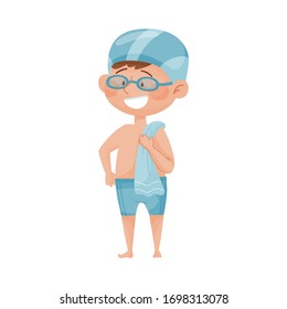 Happy Boy in Swimtrunks and Watersport Goggles Holding Towel Vector Illustration