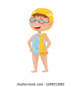 Happy Boy in Swimtrunks and Watersport Goggles Holding Towel Vector Illustration