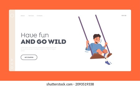 Happy Boy Swing Landing Page Template. Little Child Male Character Sitting on Rope Teeterboard Enjoying Recreation and Freedom. Kid on Playground Seesaw. Cartoon People Vector Illustration