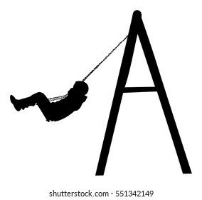 Happy boy swinging on swing, vector silhouette isolated on white background. Child enjoying on playground. Kid play funny game outdoor. Carefree childhood. Lovely son sport activity entertainment park