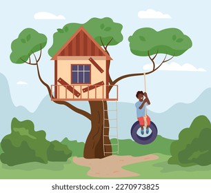 Happy boy swinging on tyre swing near tree house flat vector illustration