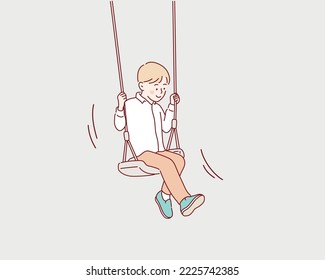  happy boy swinging on a wooden swing. Hand drawn style vector design illustrations.