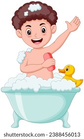 Happy boy take a bath in the bathtub. Vector illustration