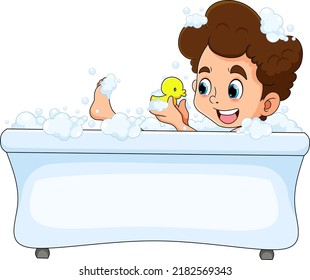The happy boy is taking a bath in the bathtub and playing the duck rubber of illustration