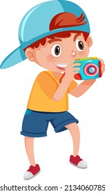 Happy boy taking picture with camera illustration