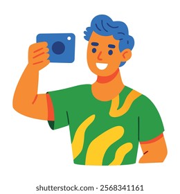 Happy boy taking selfie, flat character illustration
