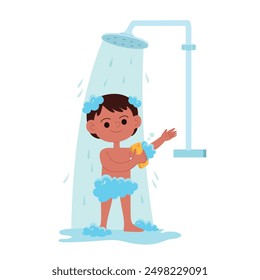 Happy boy taking shower in bathroom cartoon image