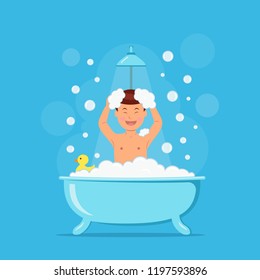 Happy boy taking shower. Child in bath with soap bubbles and duck on blue background. Vector illustration in flat style.
