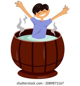 Happy boy taking spa treatments in a hot tub or wooden barrel. The concept of entertainment in a sauna or spa, wellness is fun, joyful. Isolated vector trendy design. A bright character. Flat vector.
