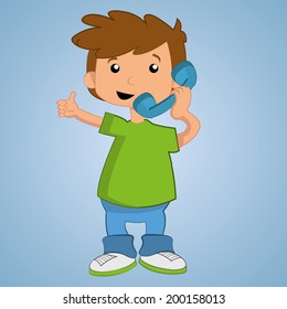 a happy boy talking in the telephone in blue background