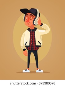 Happy boy teen character listening music. Vector flat cartoon illustration