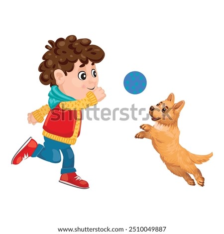 Happy boy throwing blue ball to jumping brown dog outdoors