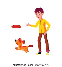 happy boy throwing plate toy for dog pet in park cartoon vector. happy boy throwing plate toy for dog pet in park character. isolated flat cartoon illustration