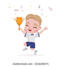 
happy boy in training suit with prize cup and confetti on the white background