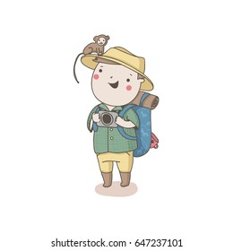 Happy boy traveler with camera, in hat with monkey and big backpack for camping in green shirt