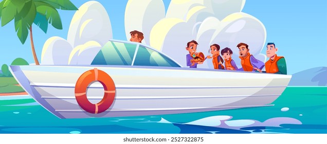 Happy boy with treasure chest on motor boat. Vector cartoon illustration of surprised friends looking at sparkling golden coins in box decorated with gemstone, palm tree on island, adventure voyage