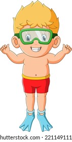 The happy boy is trying for dive with the excited expression of illustration