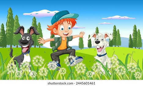 Niño feliz con dos perros en un prado soleado