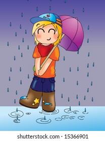 happy boy with umbrella dancing in the rain