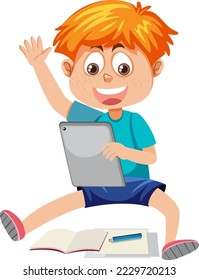 Niño feliz con ilustración de tablet