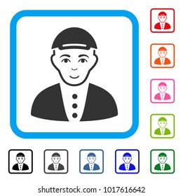 Happy Boy vector pictograph. Person face has happy mood. Black, gray, green, blue, red, orange color variants of boy symbol in a rounded squared frame. A dude in a cap.