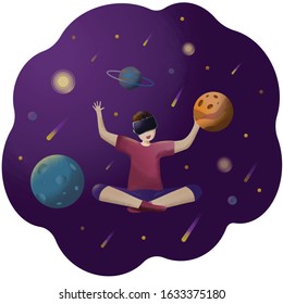 Happy boy in a virtual reality helmet in space with comets and planets. VR game. Digital entertainment. Illustration of virtual reality.