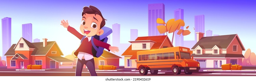 Happy boy waiting school bus in city suburb. Cartoon illustration of kid with backpack smiling, standing at transport stop, town street with many houses, yellow vehicle taking children to classes