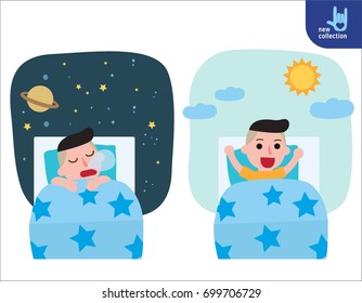 happy boy wake up on the stretching bed and sleeping. good morning and good night. People healthy lifestyle concept. Vector flat style cartoon character design illustration Isolated
